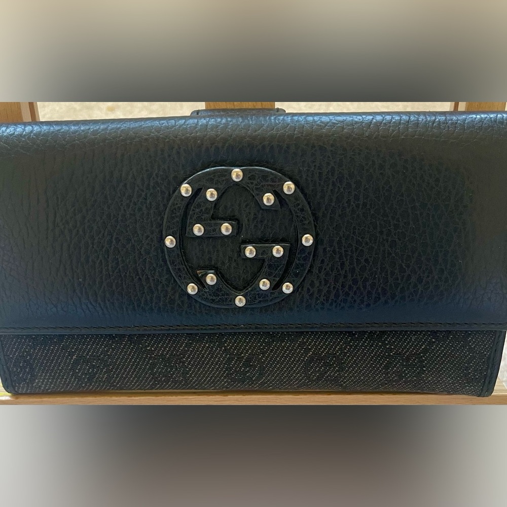 GUCCI Wallet Interlocking G Studs Long GG Canvas & Leather Black Bifold